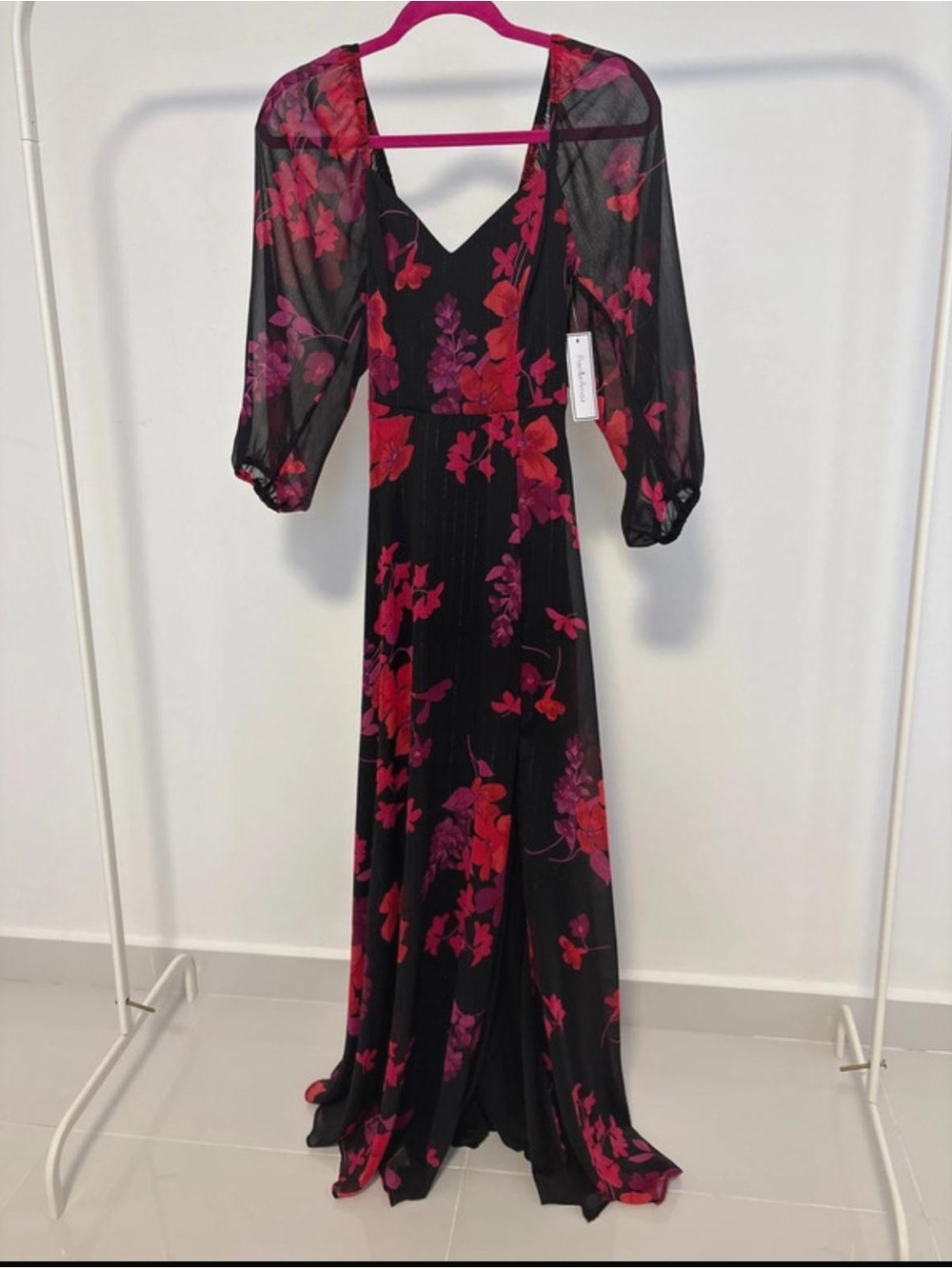 Premier Amour Black Maxi Dress with Red, Purple and Pink Floral Print | Size 2